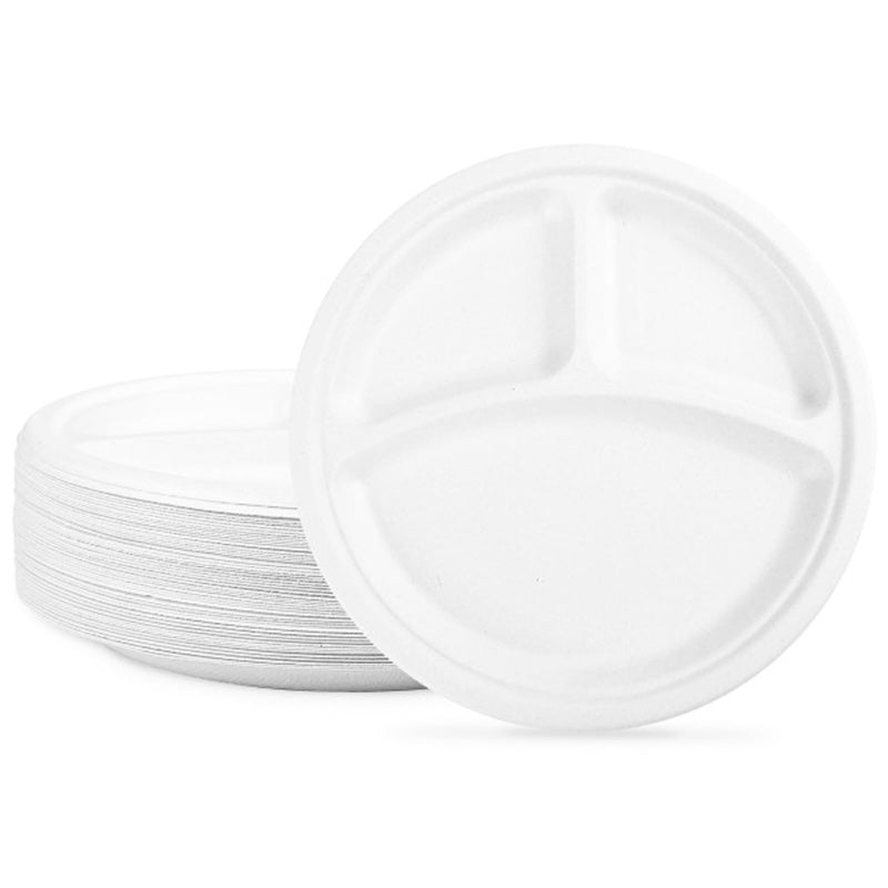 3 Compartments Compostable Round Plates Bagasse Eco-Friendly Paper Plates